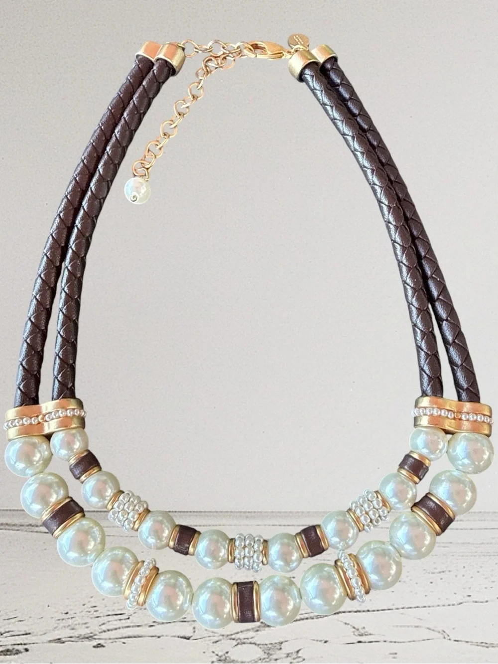 Chico's Brown Braided Leather Necklace with Pearl & Gold Accents